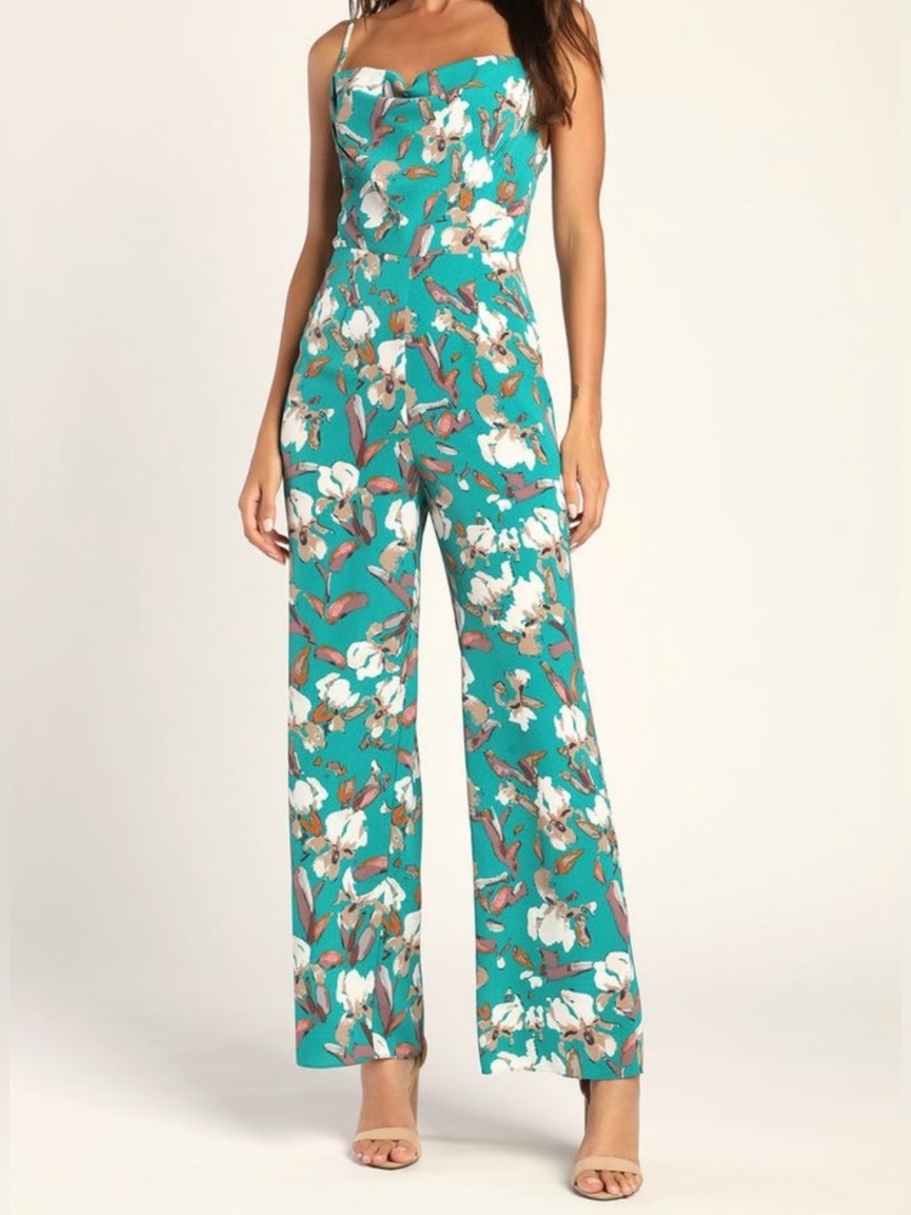 Lulus floral teal cowl neck jumpsuit